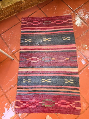 Handwoven rug used, 110x65 cm, colorful traditional design