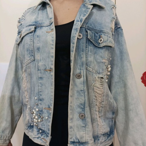 Denim jacket like new with rips, pearls and rhinestones