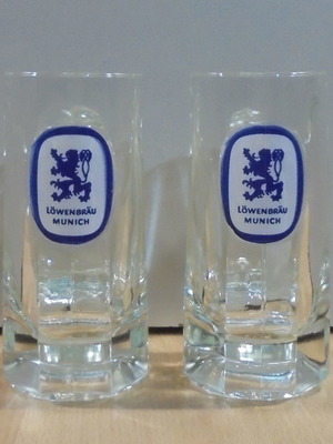 Lowenbrau beer set of two old promotional glass mugs used