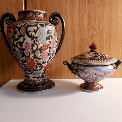 Royal Satsuma porcelain set Japan and hand-colored Chinese container like new