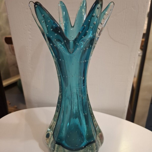 Teal Bubble Sommerso Seguso Murano glass vase used, 1970s Italy