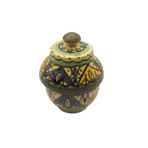 Moroccan ceramic jar vintage like new with lid and brass fittings 1950-1960