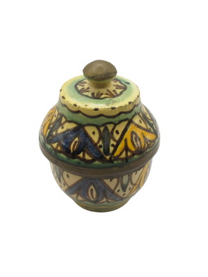 Moroccan ceramic jar vintage like new with lid and brass fittings 1950-1960