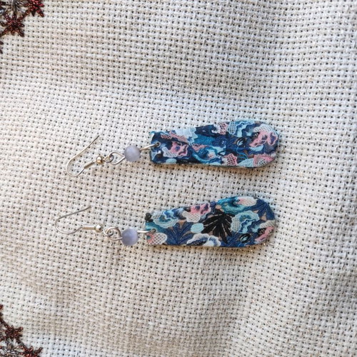 Floral blue printed earrings made to order, wooden with cat's eye stone