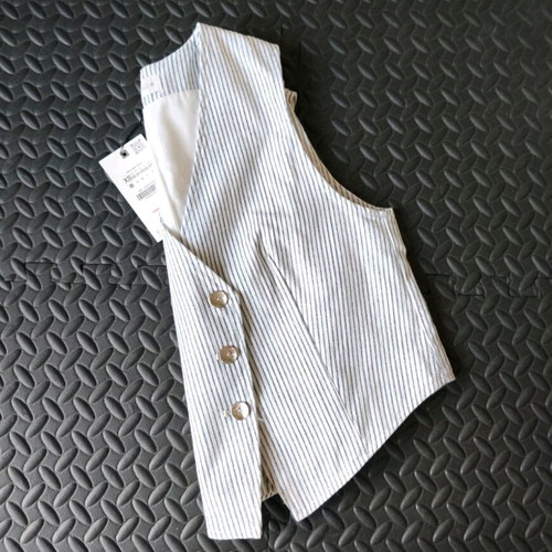Zara women's vest white with blue stripes and metallic thread new