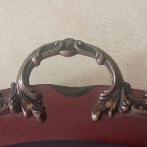 Wooden tray with handmade embroidery and brass handles like new