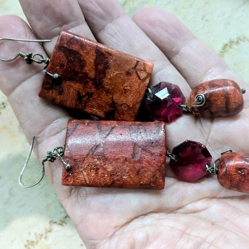 Vintage handmade boho earrings with natural Apple Coral and brass