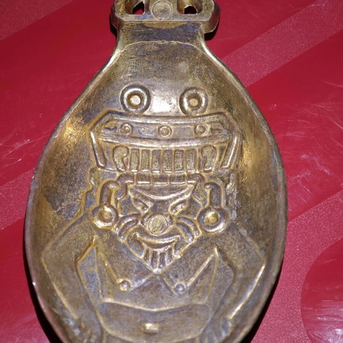 Vintage brass serving spoon and fork set with Aztec motifs