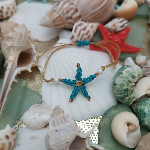 Starfish macrame bracelet new, turquoise and gold