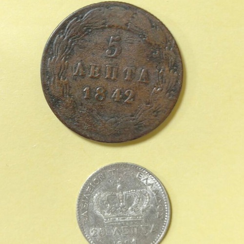 Greek coins used, lot of 2, 5 lepta 1842 and 20 lepta 1883