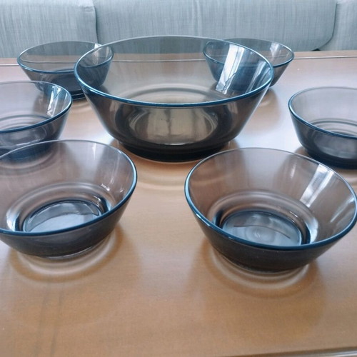 Vereco France 6+1 Bowl Set smoked glass 70s vintage mint condition
