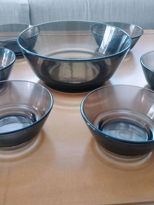 Vereco France 6+1 Bowl Set smoked glass 70s vintage mint condition