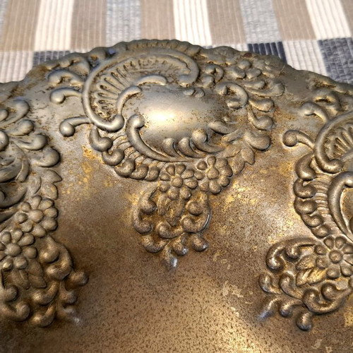 Metal carved platter used, old, 25 cm diameter