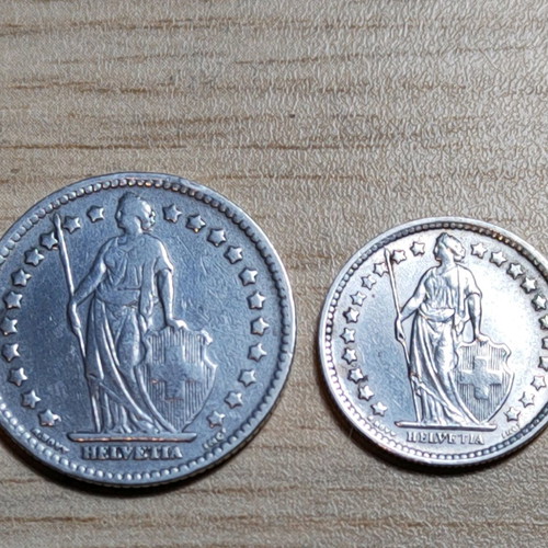 Swiss silver coins 1 franc 1920 & 1/2 franc 1960 used