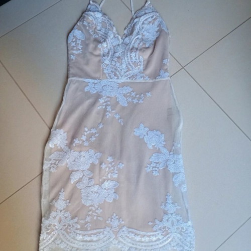 Evening wedding dress, size S, beige lace tulle