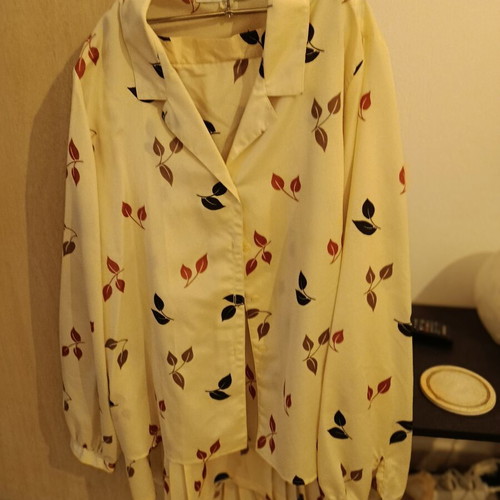 Beige blouse and pleated skirt set with leaf pattern, like new