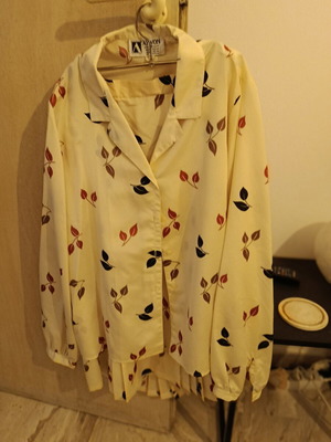 Beige blouse and pleated skirt set with leaf pattern, like new