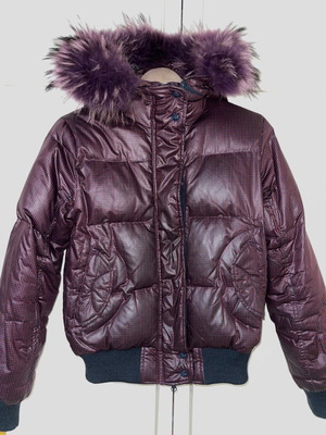 Gas Jeans purple down fur bomber jacket with detachable hood like new, Small