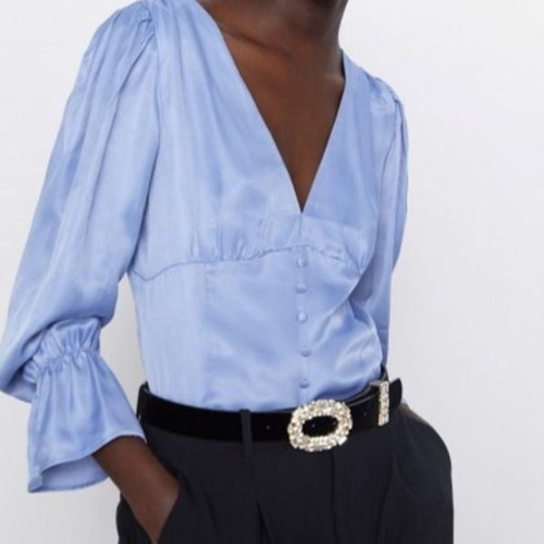 Zara satin blouse blue with puff sleeves, like new