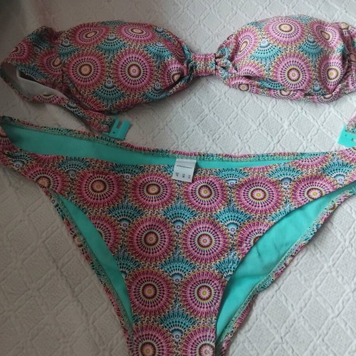 Primark strapless bikini used, pink multicolor, sizes L and XL