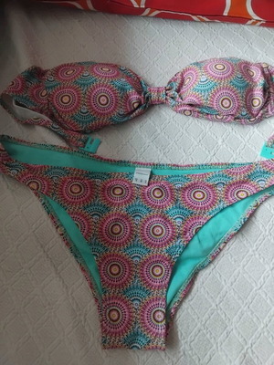 Primark strapless bikini used, pink multicolor, sizes L and XL