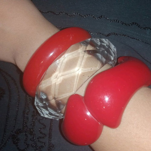 00's red celluloid bracelets used with minor defect