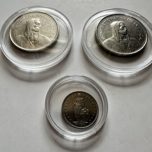 Swiss coins used, set of 3 with 5 Francs and 1/2 Franc