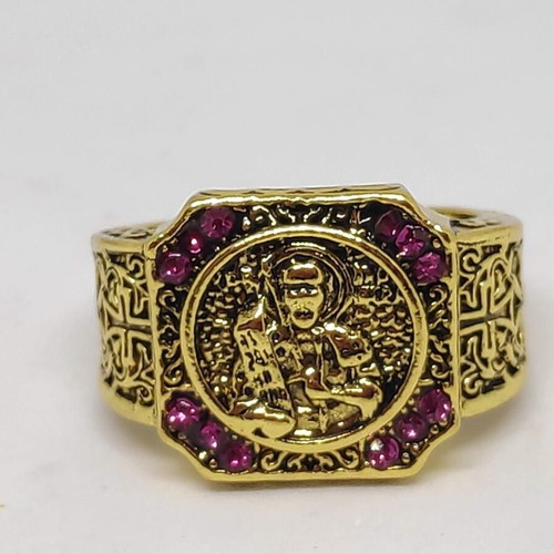 Byzantine men's ring with embossed saint and purple stones like new