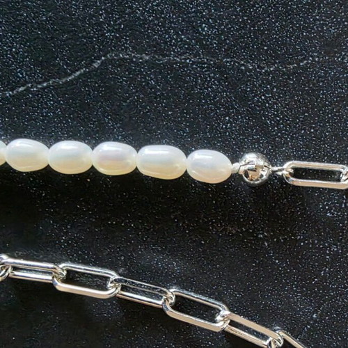 925 Sterling Silver Necklace and Bracelet Set with Natural Pearls and Paperclip Chain