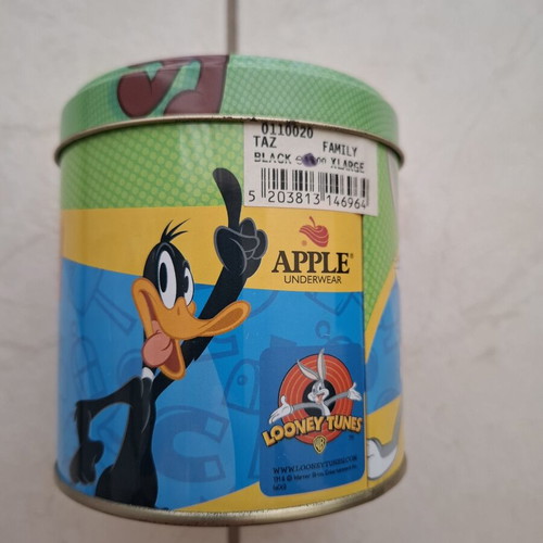 Apple round metal storage tin with Looney Tunes '00, like new