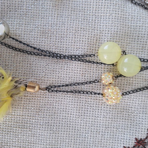 Long necklace new with feathers and yellow beads