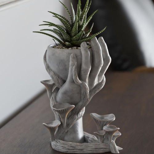 Artistic Hand Planter new with Plastic Mushrooms