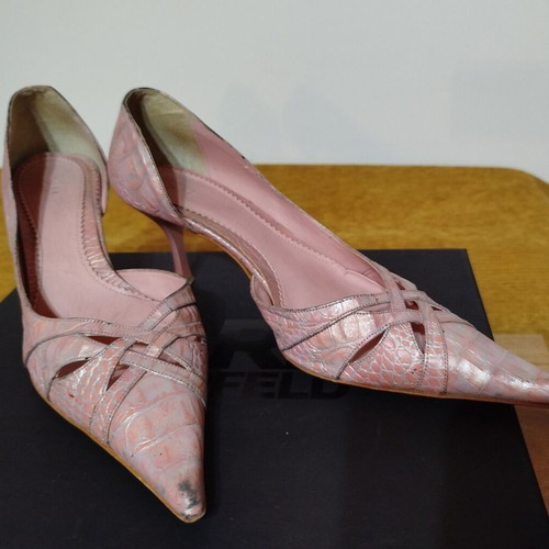 Mortoglou pointed pumps used, pink-silver snake pattern, size 40