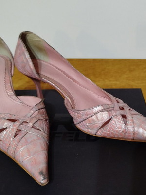 Mortoglou pointed pumps used, pink-silver snake pattern, size 40