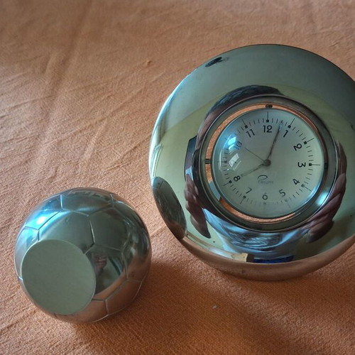 Philippi desk set used, polished chrome analog clock and paperweight