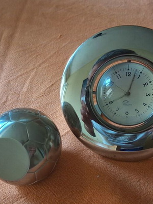 Philippi desk set used, polished chrome analog clock and paperweight
