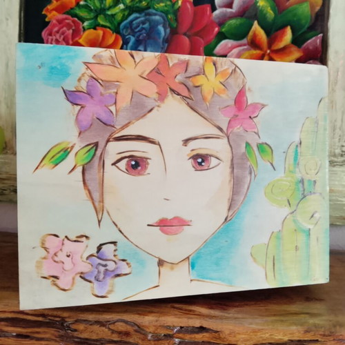 Wooden Frida Box with Painting and Pyrography New