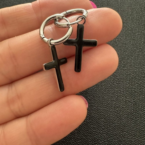 Silver steel huggie earrings with black cross