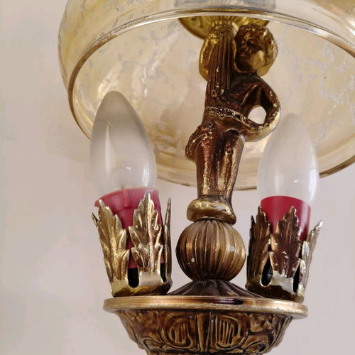 Vintage Hollywood Regency chandelier with gold and amber glass like new