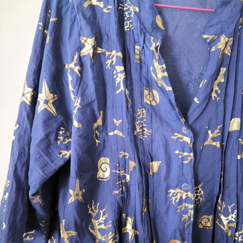 Women's blue shirt with gold designs, 3/4 sleeves, adjustable