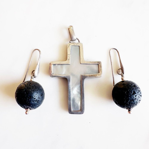 Vintage silver cross and lava stone earrings set with mother of pearl