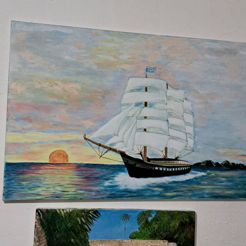 Oil painting ship new with oil paint
