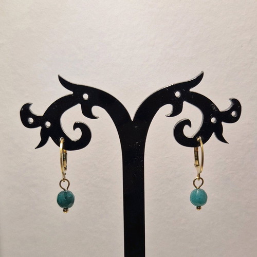 Steel hoop earrings new with green bead and gold-plated clasp