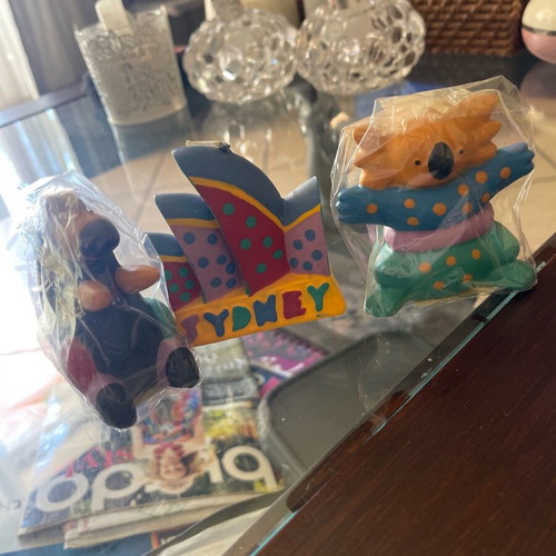 Candles new, set of 3 from Sydney Australia with Opera House, Kangaroo, Koala