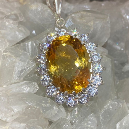 Silver pendant with large cut citrine stone and moissanites, new