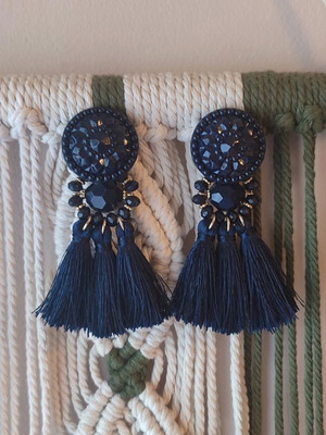 H&M Navy Blue Earrings with Tassels and Stones like new