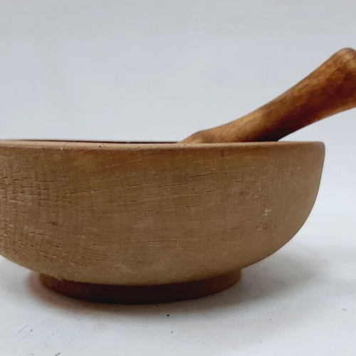 Vintage wooden mortar and pestle, handmade, used