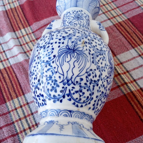 Vintage porcelain vase used, traditional Asian style blue and white Ming Qing design