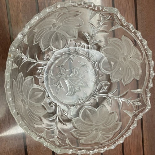 Glass bowl, glass platter and two glass bowls with embossed designs like new