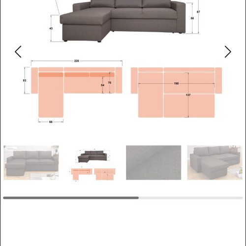 Corner sofa bed, grey, 220x152 cm